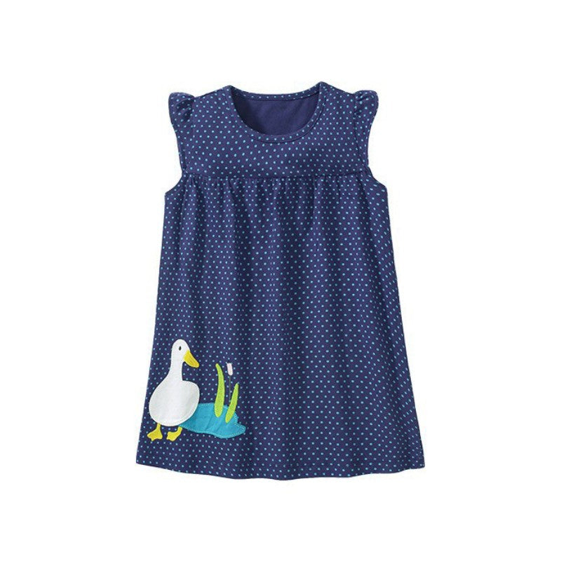Girls' Cute Duck Appliqué Polka Dot Navy Blue Dress