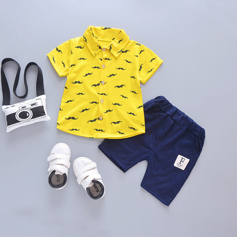 Mustache Print Short-Sleeve Shirt and Navy Blue Shorts