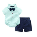 Mint Green Striped Romper and Navy Blue Shorts Outfit