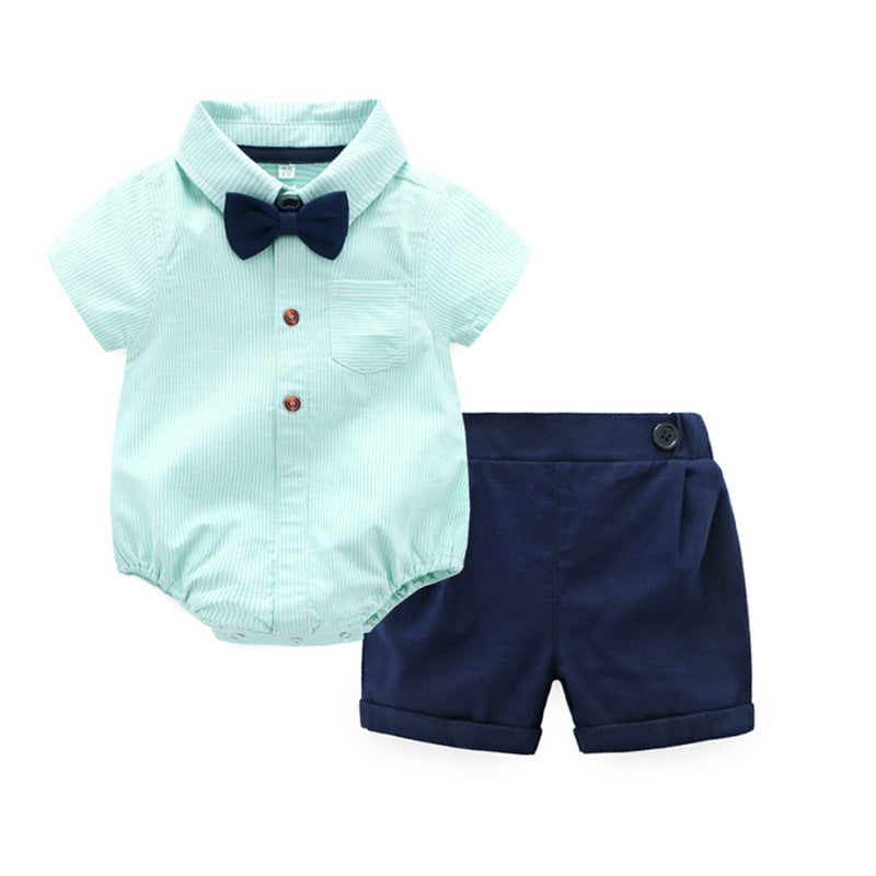 Mint Green Striped Romper and Navy Blue Shorts Outfit