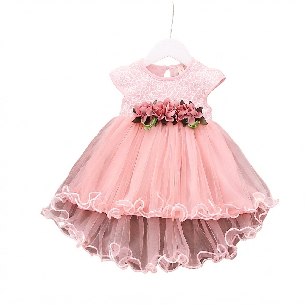 Cute Pink Floral Lace & Tulle High-Low Baby Girl's Party Dress with Flower Sash