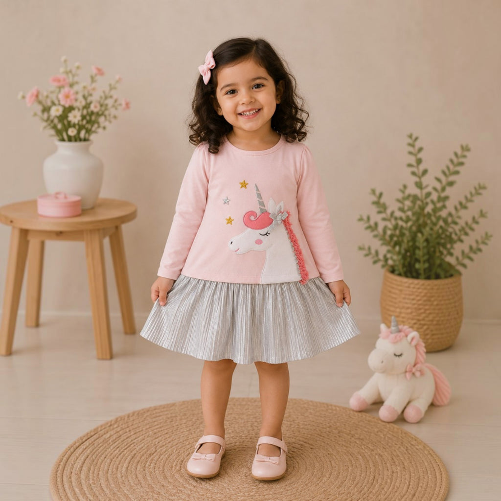 Girls' Unicorn Applique Pink & Silver Pleated Dress
