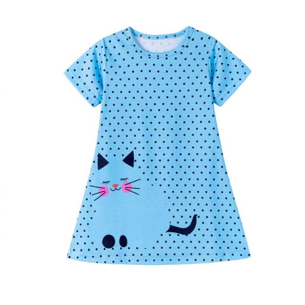 Girls' Cute Kitty Cat Polka Dot Blue Dress