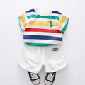 Multi-Color Striped T-Shirt and White Shorts Set with Dinosaur