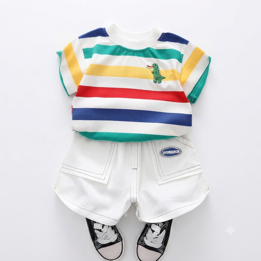 Multi-Color Striped T-Shirt and White Shorts Set with Dinosaur