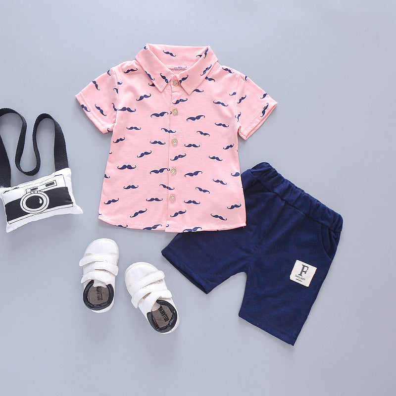 Mustache Print Short-Sleeve Shirt and Navy Blue Shorts