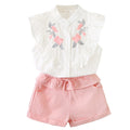 "Blossom & Ruffle"  Premium Embroidered White Blouse and Pink Linen Shorts Set