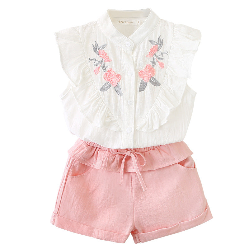 "Blossom & Ruffle"  Premium Embroidered White Blouse and Pink Linen Shorts Set
