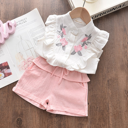 "Blossom & Ruffle"  Premium Embroidered White Blouse and Pink Linen Shorts Set