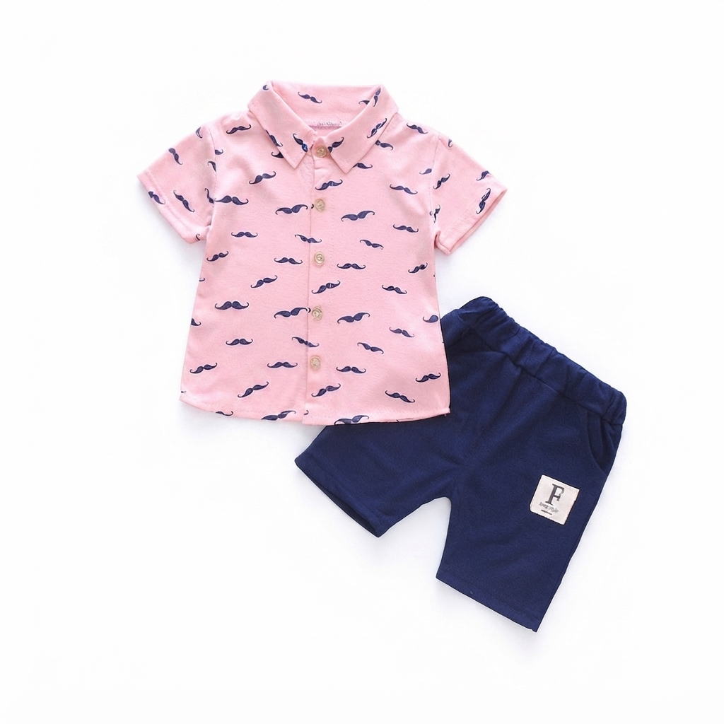 Mustache Print Short-Sleeve Shirt and Navy Blue Shorts