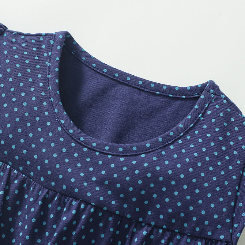 Girls' Cute Duck Appliqué Polka Dot Navy Blue Dress