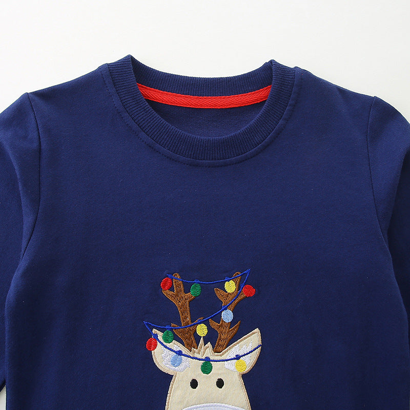 Kids Christmas Reindeer Applique Navy Blue Long-Sleeve Sweatshirt