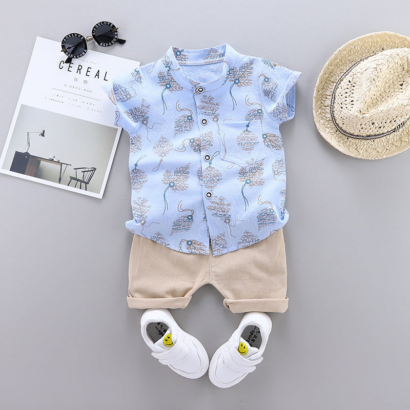 Patterned Mandarin Collar Shirt and Shorts Outfit