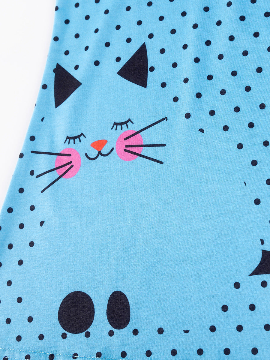 Girls' Cute Kitty Cat Polka Dot Blue Dress