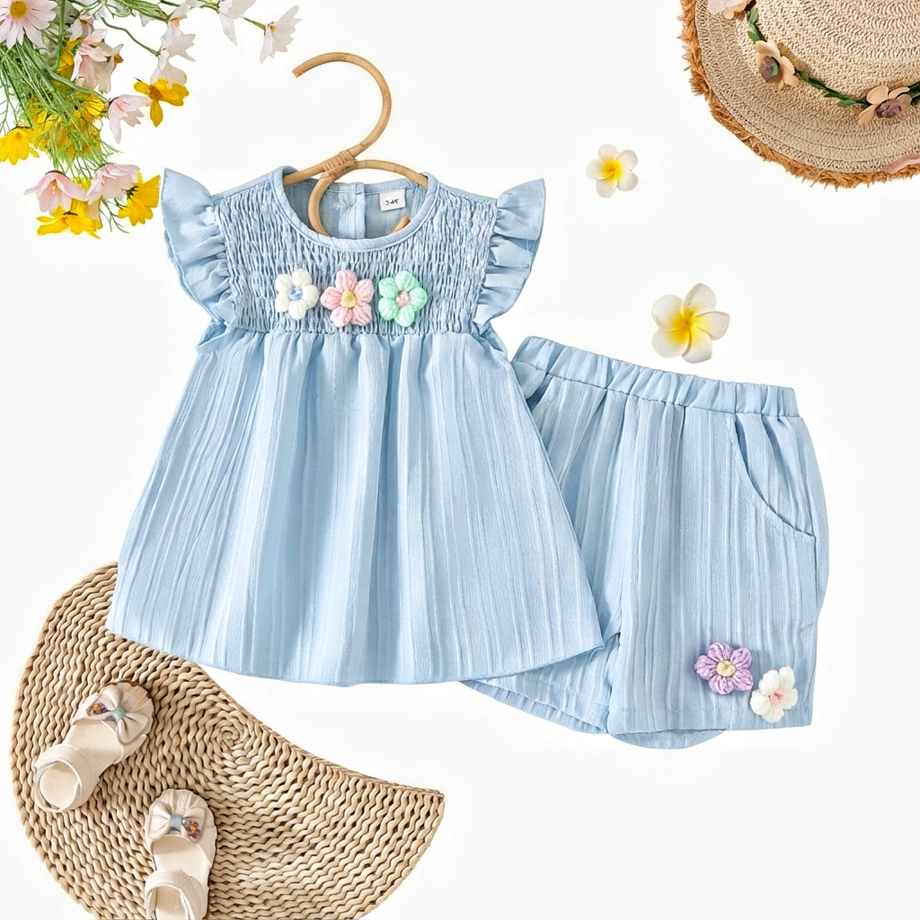 Girls' Smocked Floral Ruffle Tunic & Shorts Set