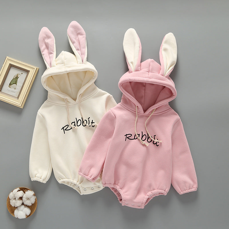 Adorable Baby Rabbit Ear Hooded Bodysuit Set - Cream & Pink