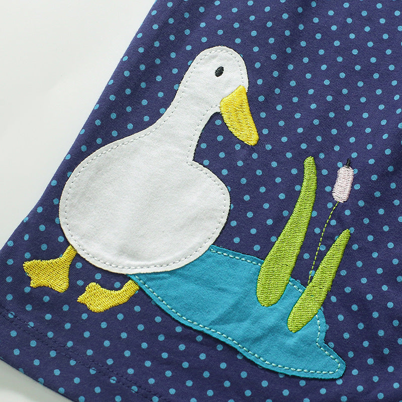 Girls' Cute Duck Appliqué Polka Dot Navy Blue Dress