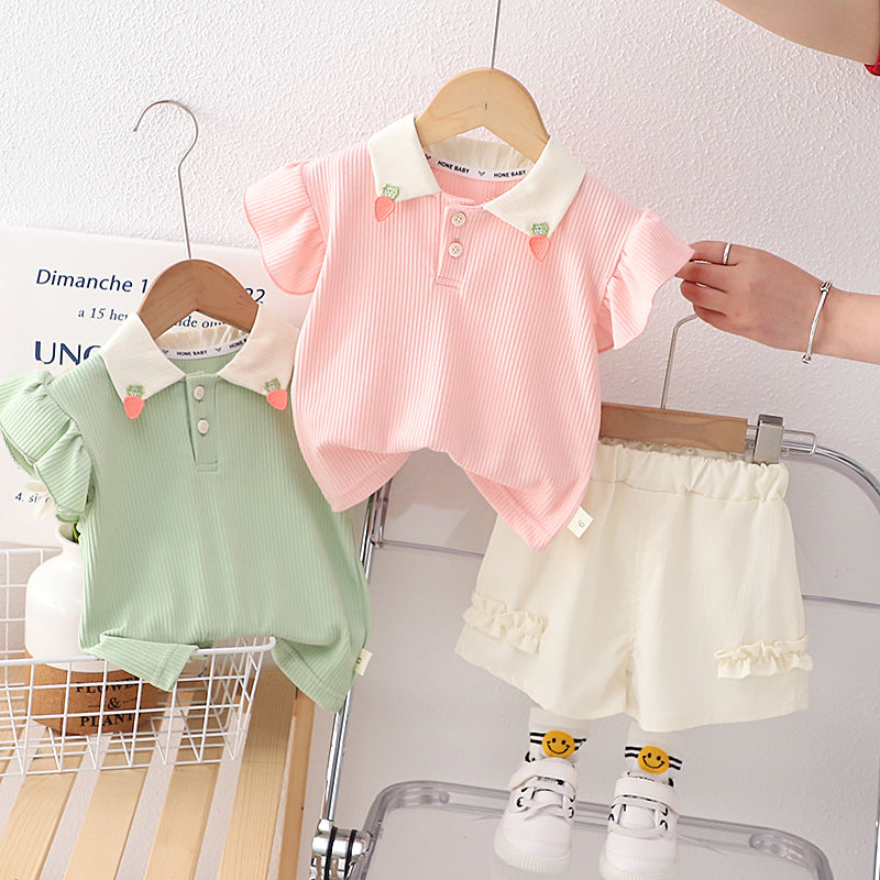Mint Green Polo Shirt and Cream Ruffled Shorts Two-Piece Outfit Set