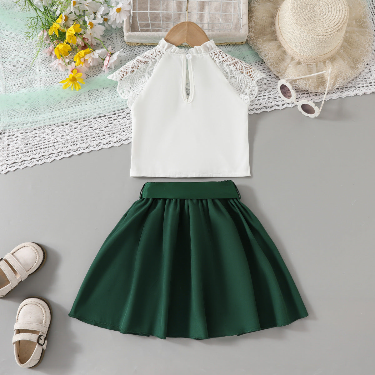 Girls White Lace Top and Green Skirt Outfit Set