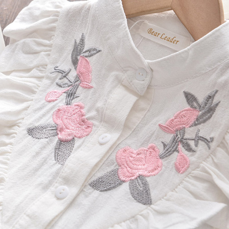 "Blossom & Ruffle"  Premium Embroidered White Blouse and Pink Linen Shorts Set