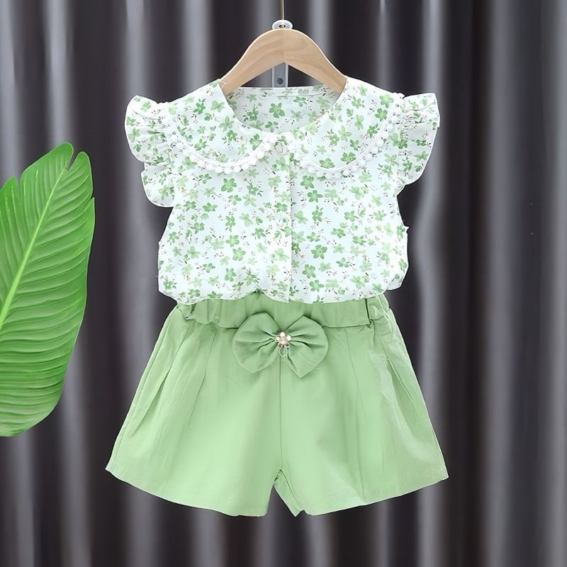 Cute Floral Print Flutter Sleeve Blouse and Bow-Accented Pink Shorts Set for Girls