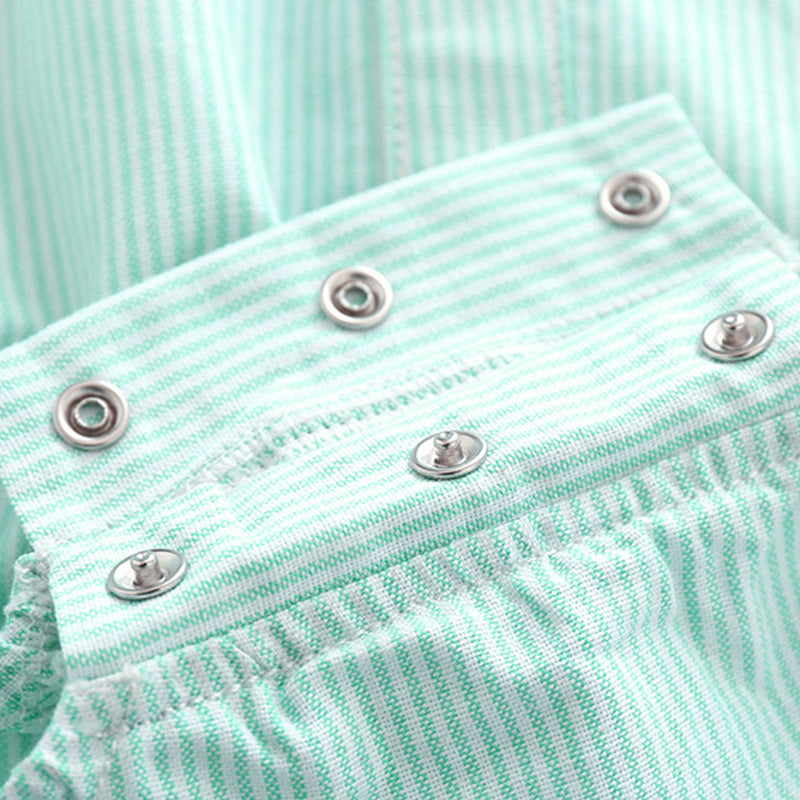 Mint Green Striped Romper and Navy Blue Shorts Outfit