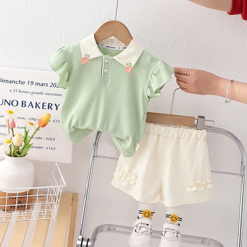 Mint Green Polo Shirt and Cream Ruffled Shorts Two-Piece Outfit Set