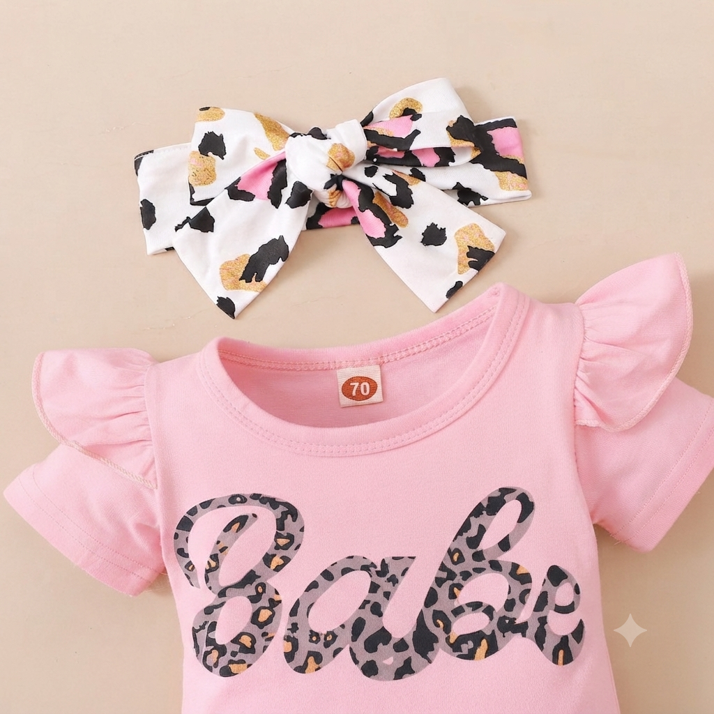 Cute Leopard Print "Babe" Ruffle Sleeve Baby Bodysuit & Headband Set