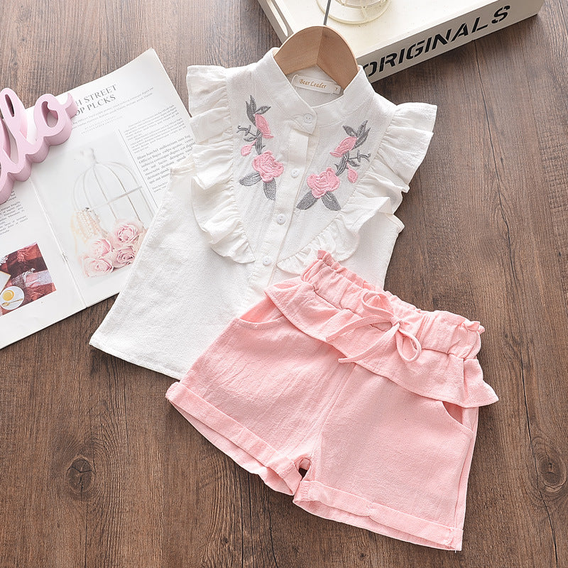 "Blossom & Ruffle"  Premium Embroidered White Blouse and Pink Linen Shorts Set
