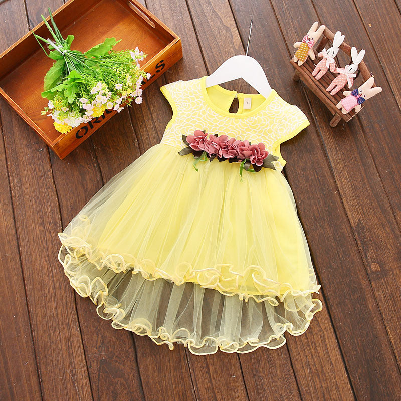 Cute Pink Floral Lace & Tulle High-Low Baby Girl's Party Dress with Flower Sash