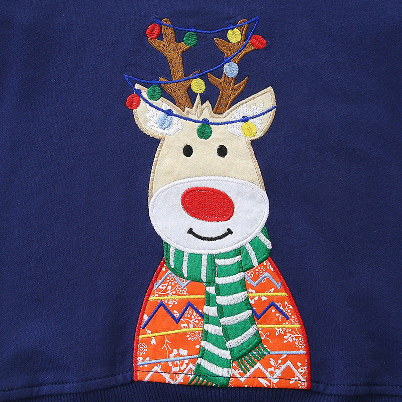Kids Christmas Reindeer Applique Navy Blue Long-Sleeve Sweatshirt