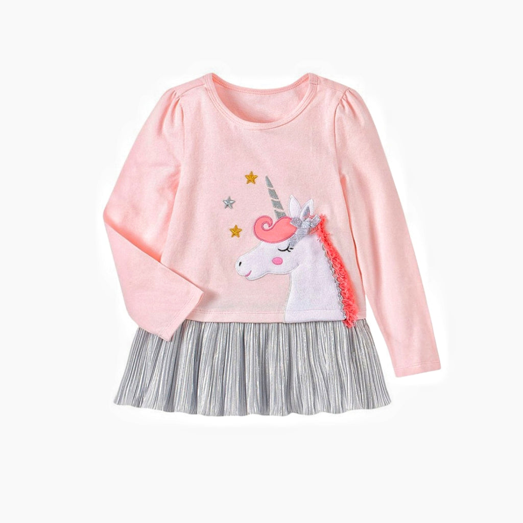 Girls' Unicorn Applique Pink & Silver Pleated Dress