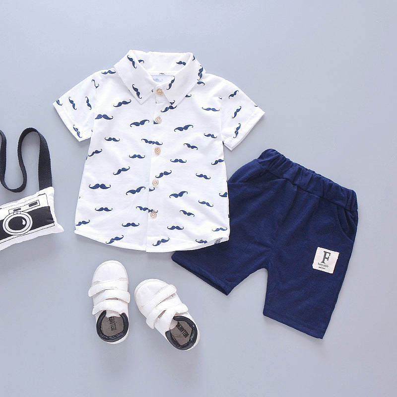 Mustache Print Short-Sleeve Shirt and Navy Blue Shorts