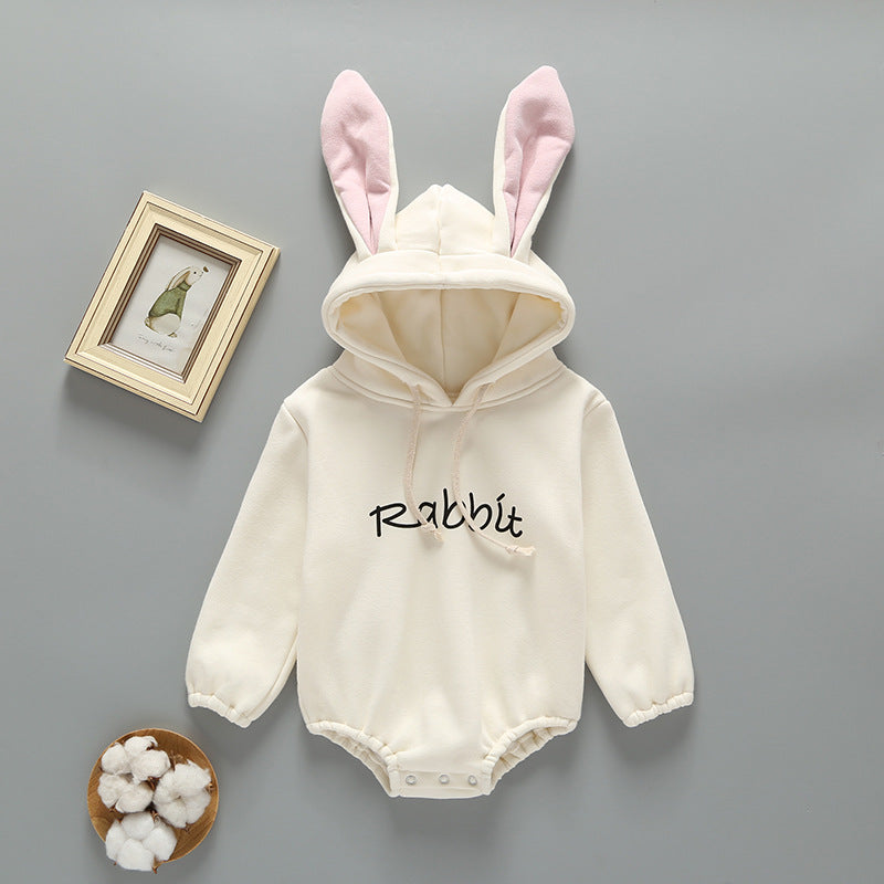 Adorable Baby Rabbit Ear Hooded Bodysuit Set - Cream & Pink