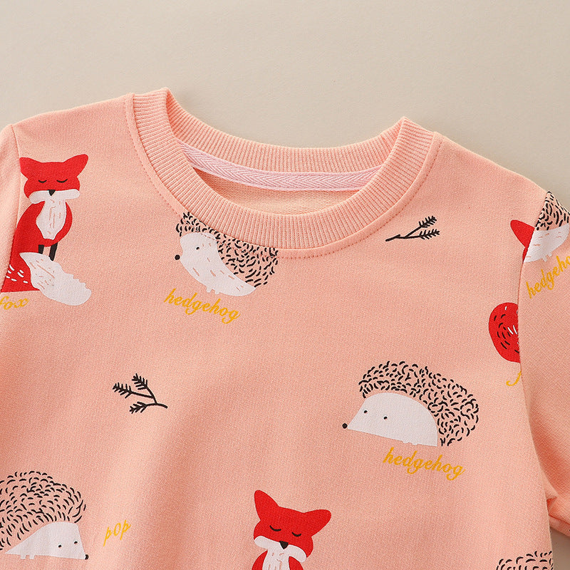 Woodland Fox and Hedgehog Peach Long-Sleeve Sweatshirt