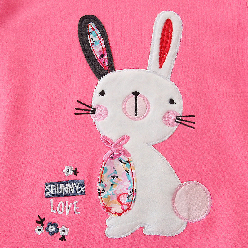Cute Bunny Applique Pink Long-Sleeve Sweatshirt