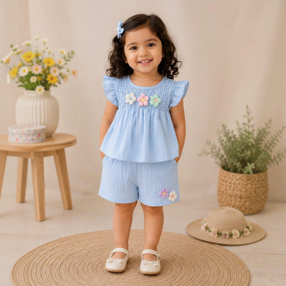 Girls' Smocked Floral Ruffle Tunic & Shorts Set