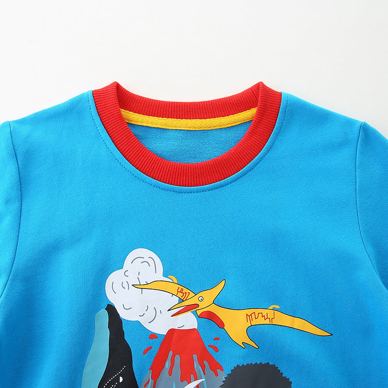 Kids Prehistoric Animals Volcano Blue Long-Sleeve Sweatshirt