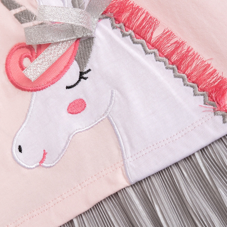 Girls' Unicorn Applique Pink & Silver Pleated Dress
