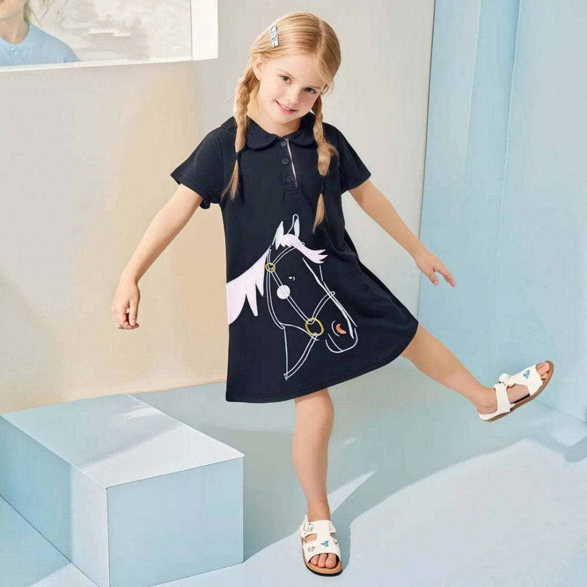 Girls' Dark Navy Horse Polo Dress