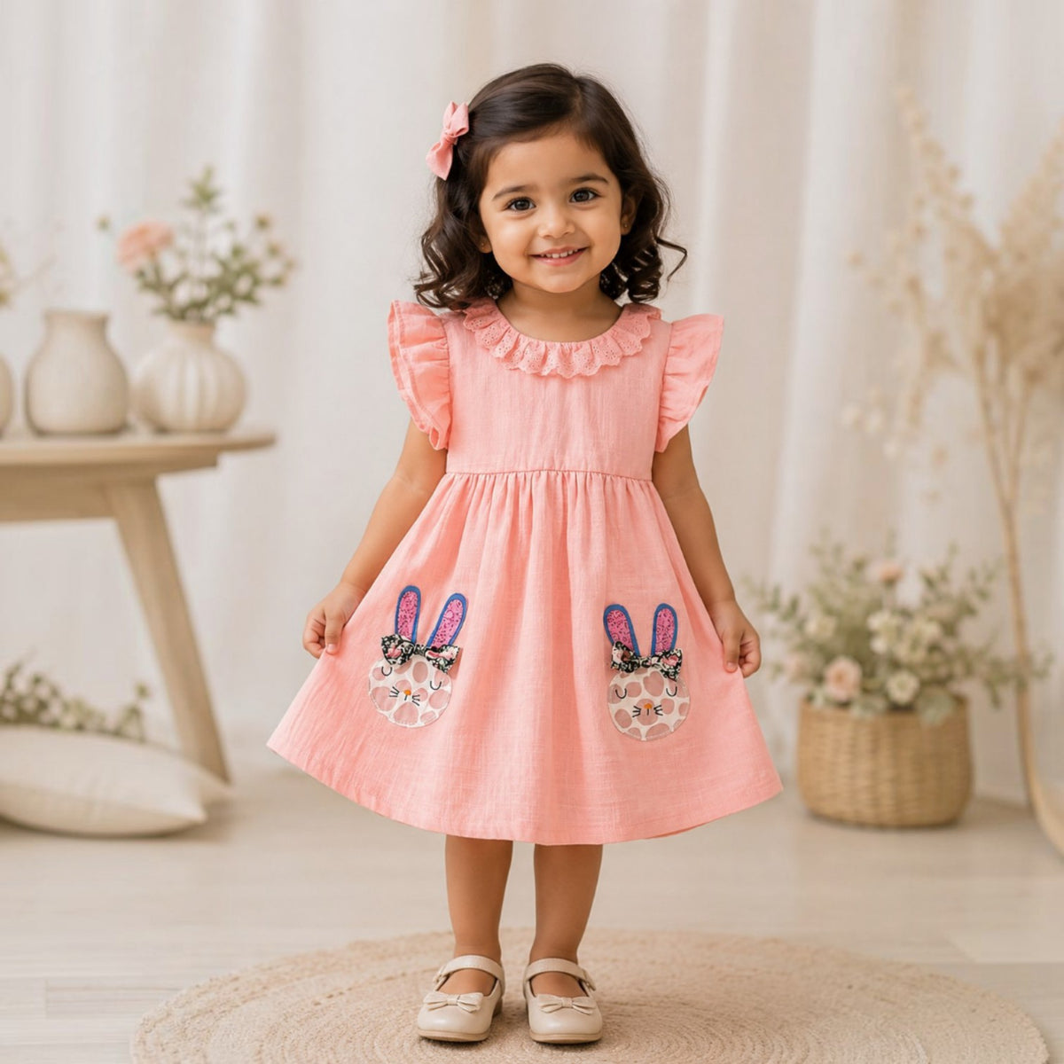 Girls'Bunny Pocket Peach Dress