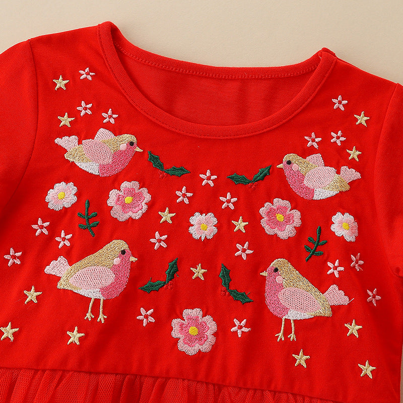 Girls' Embroidered Birds & Flowers Red Dress