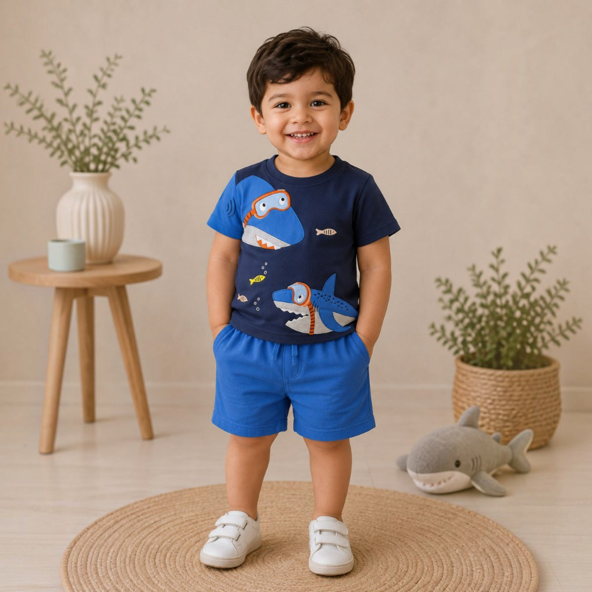 Cute Shark Print Short-Sleeve T-Shirt & Shorts Set