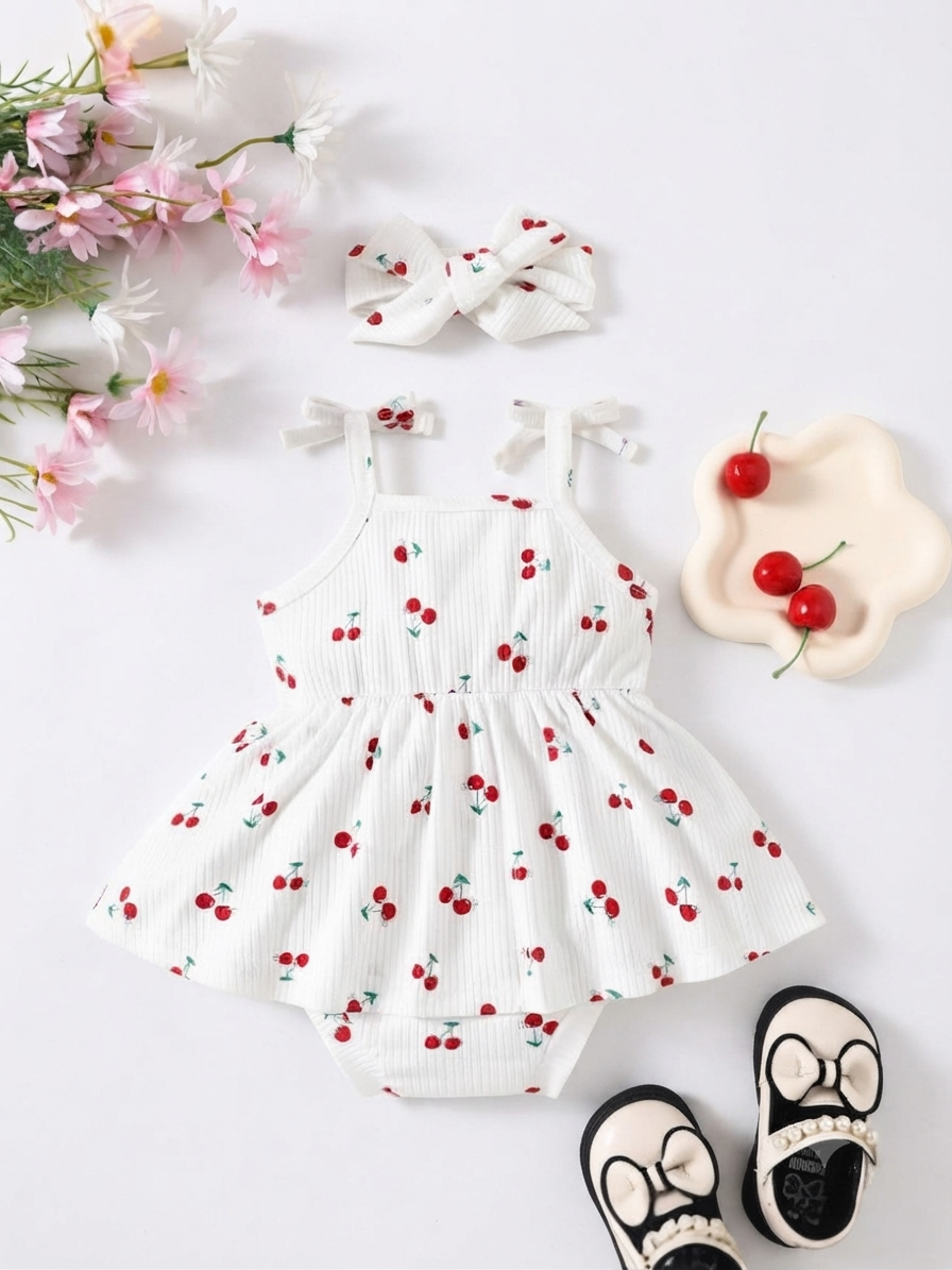 Cherry & Heart Print Romper Set with Headband & Bow Shoes