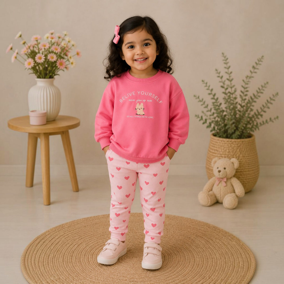 Girls' "Believe Yourself" Motivational Sweatshirt & Heart Print Leggings Set