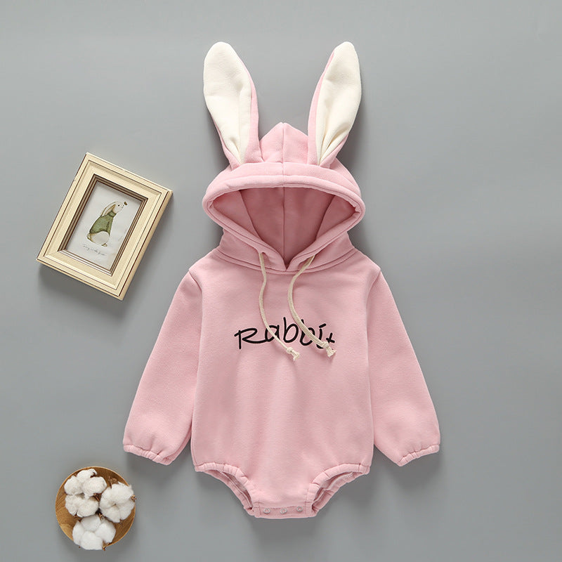 Adorable Baby Rabbit Ear Hooded Bodysuit Set - Cream & Pink