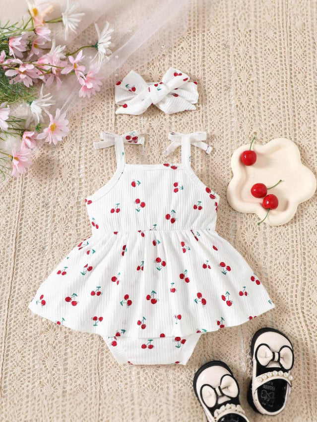 Cherry & Heart Print Romper Set with Headband & Bow Shoes
