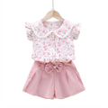 Cute Floral Print Flutter Sleeve Blouse and Bow-Accented Pink Shorts Set for Girls