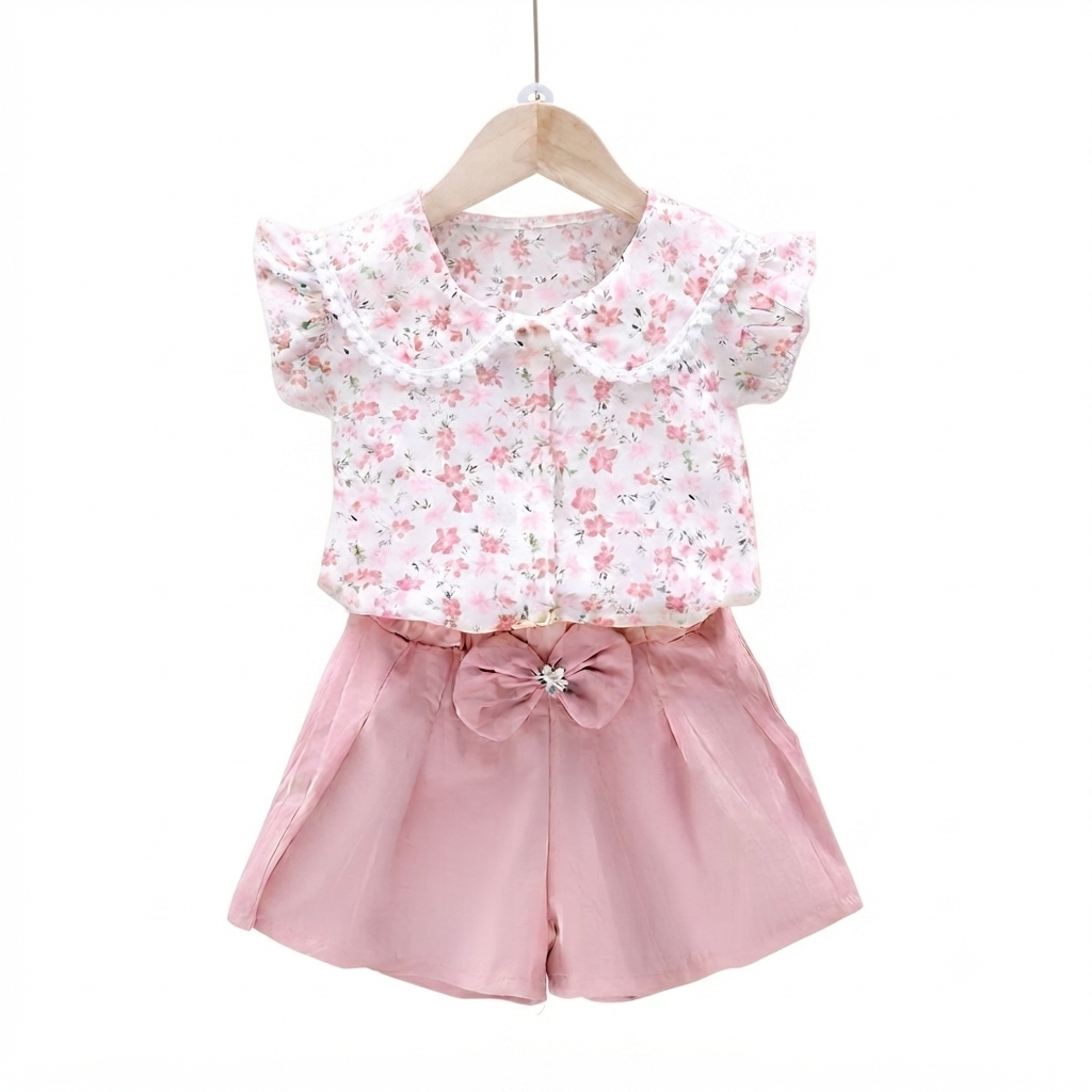 Cute Floral Print Flutter Sleeve Blouse and Bow-Accented Pink Shorts Set for Girls