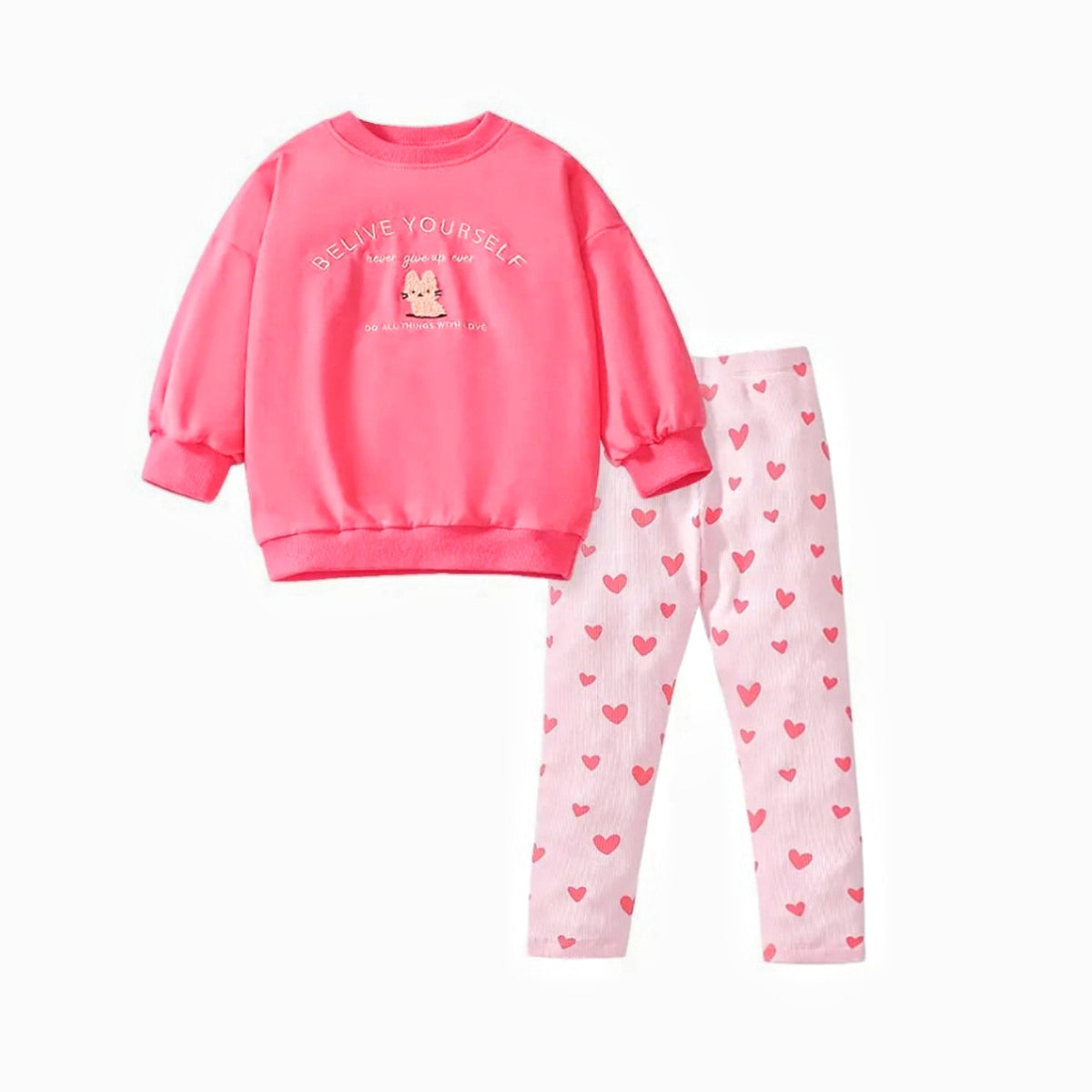 Girls' "Believe Yourself" Motivational Sweatshirt & Heart Print Leggings Set
